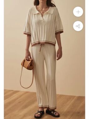 Sandro Cream Knit Polo top with Brown Trim. Shirt only!